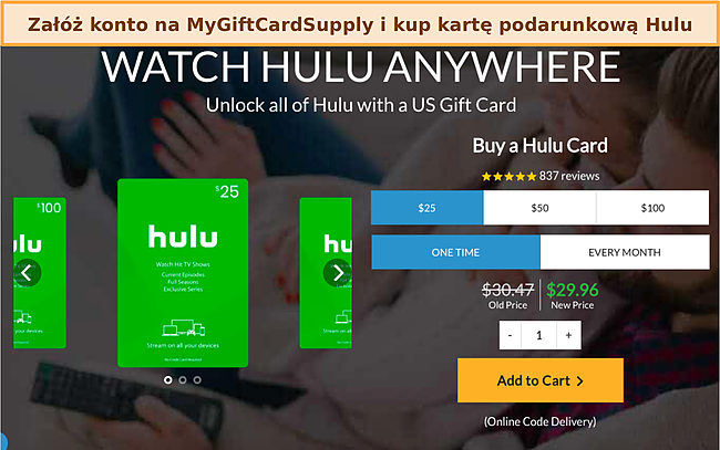 Zrzut ekranu z ekranu zakupu karty podarunkowej MyGiftCardSupply Hulu.