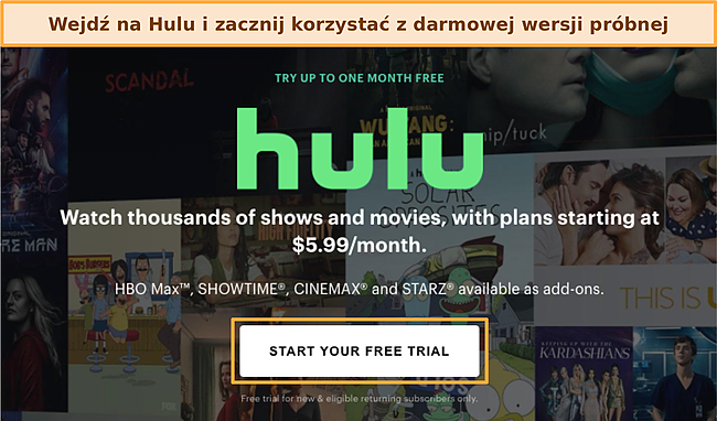 Zrzut ekranu oficjalnej oferty bezpłatnej wersji próbnej witryny Hulu.