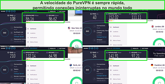 Captura de tela dos resultados do teste de velocidade Ookla com PureVPN conectado a servidores nos EUA, Reino Unido, Austrália e Alemanha.