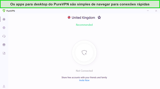 Captura de tela do aplicativo para Windows do PureVPN mostrando sua interface limpa e simples.