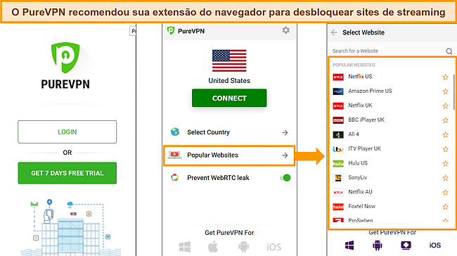 A captura de tela da extensão do navegador PureVPN é muito fácil de usar, para que você possa se conectar imediatamente.