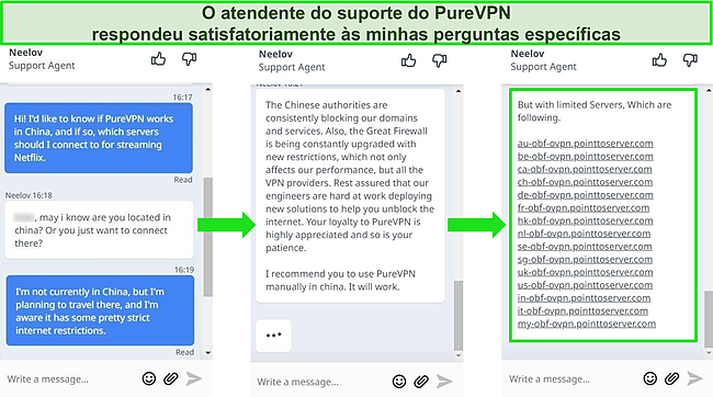 Captura de tela do bate-papo ao vivo PureVPN respondendo a perguntas sobre a conexão manual a servidores na China.
