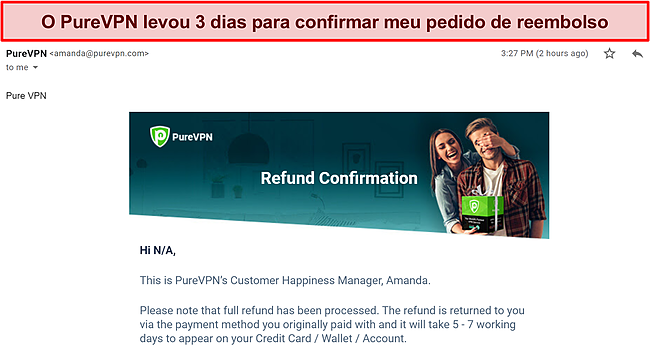 Captura de tela da resposta por e-mail da equipe de cobrança do PureVPN confirmando uma solicitação de reembolso.
