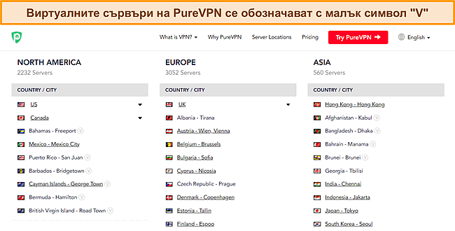 Екранна снимка на пълния списък със сървъри на PureVPN, показваща символа „v“, който показва виртуален сървър.
