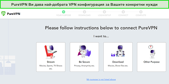 Екранна снимка на персонализирани опции за инсталиране на PureVPN за различни употреби на VPN.