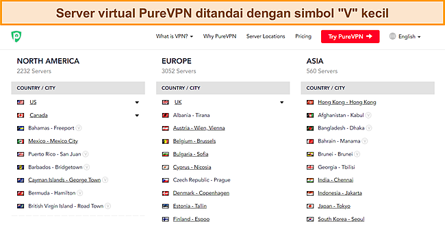 Cuplikan layar daftar server lengkap PureVPN yang menunjukkan simbol 