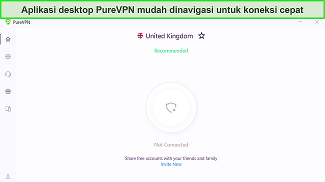 Tangkapan layar aplikasi Windows PureVPN menunjukkan antarmuka yang bersih dan sederhana.