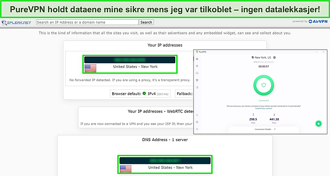 Skjermbilde av en lekkasjetest fra IPLeak.net som ikke viser datalekkasjer, med PureVPN koblet til en amerikansk server.