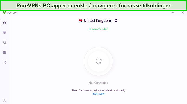 Skjermbilde av PureVPNs Windows-app som viser det rene og enkle grensesnittet.