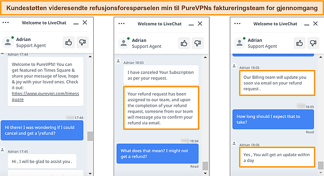 Skjermbilde av PureVPN-kundeservice som svarer på en refusjonsforespørsel og videresender forespørselen til faktureringsteamet.