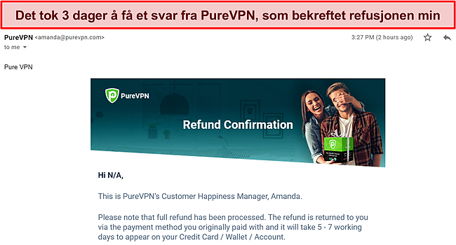 Skjermbilde av e-postsvar fra PureVPNs faktureringsteam som bekrefter en refusjonsforespørsel.