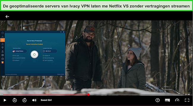 Screenshot van Ivacy VPN die Netflix deblokkeert.