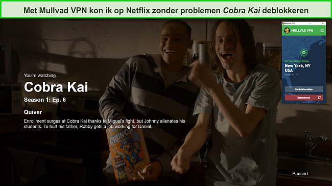 Screenshot van Mullvad VPN die Cobra Kai op Netflix deblokkeert.