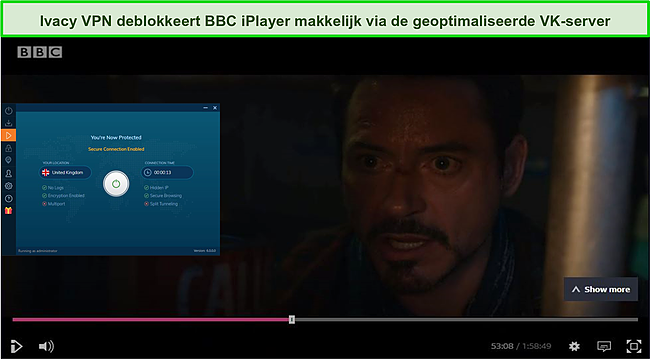 Screenshot van Ivacy VPN die BBC IPlayer deblokkeert.