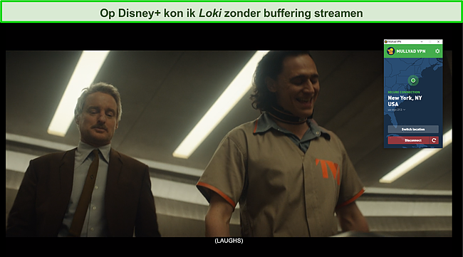 Screenshot van Mullvad VPN die Loki op Disney+ deblokkeert.