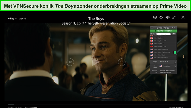 Screenshot van VPNSecure deblokkering van The Boys op Prime Video.