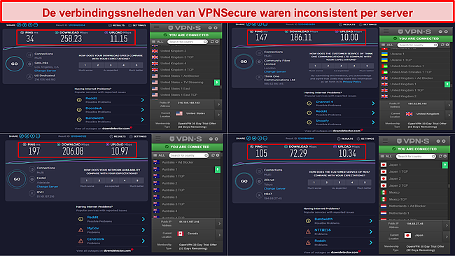 Screenshot van verschillende snelheidstestresultaten terwijl u verbonden bent met VPNSecure.