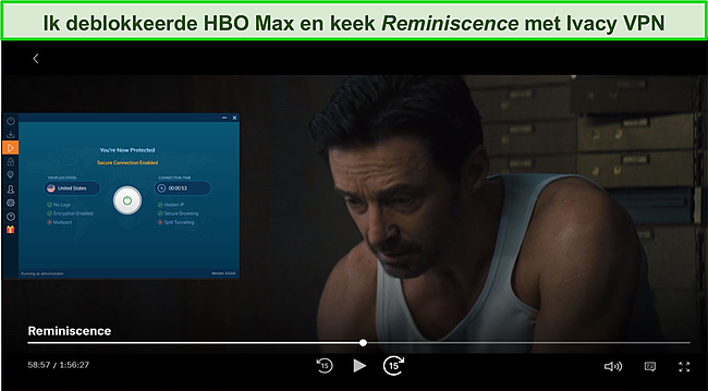 Screenshot van Ivacy VPN die HBO Max deblokkeert.
