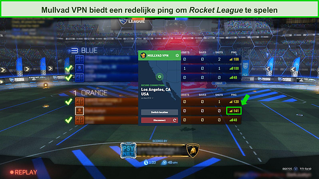 Screenshot van Rocket League-gameplay terwijl verbonden met Mullvad VPN.
