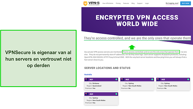 Screenshot van de serverlijst van VPNsecure.