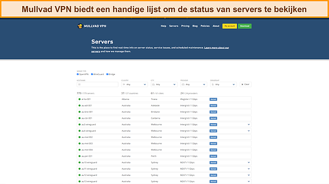 Schermafbeelding van de Mullvad VPN-serverstatuslijst.