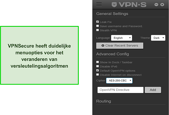 Screenshot van VPNSecure's in-app configuratiemenu.