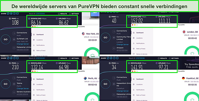 Screenshot van Ookla-snelheidstestresultaten met PureVPN verbonden met servers in de VS, het VK, Australië en Duitsland.
