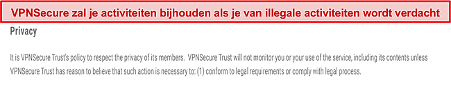 Screenshot van het privacybeleid van VPNSecure.