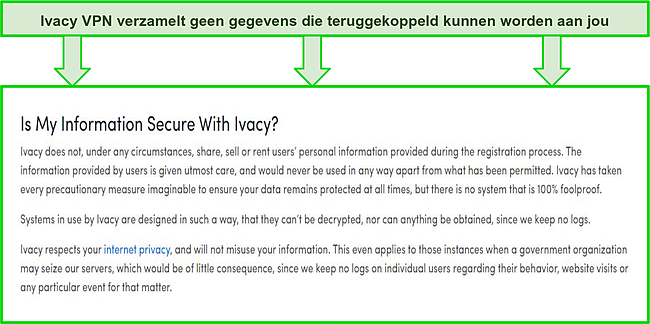 Screenshot van het fragment van Ivacy VPN no-log policy.