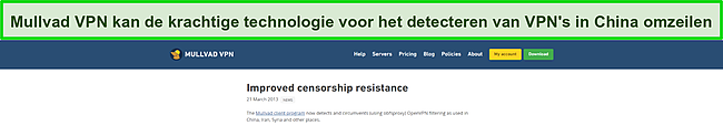 Screenshot van een blogpost van Mullvad VPN waarin staat hoe het China's detectiesysteem kan omzeilen.