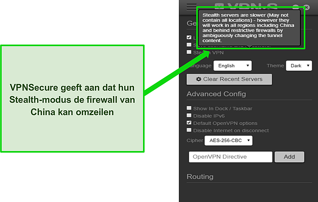 Schermafbeelding die laat zien dat de stealth-modus van VPNSecure beweert de Chinese firewall te omzeilen.