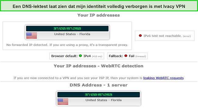 Screenshot van lektestresultaten tijdens het gebruik van Ivacy VPN.
