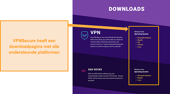 Screenshot van de downloadpagina van VPNSecure.