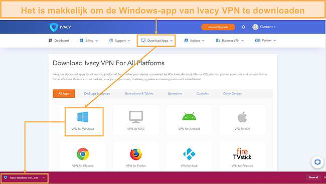 Screenshot van het tonen van de downloadknop op de Ivacy VPN-website.