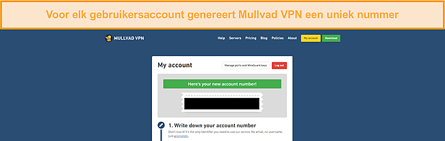 Screenshot van de gegenereerde accountnummerpagina van Mullvad VPN.