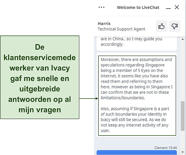 Screenshot van mijn gesprek met Ivacy VPN-ondersteuningsmedewerker.