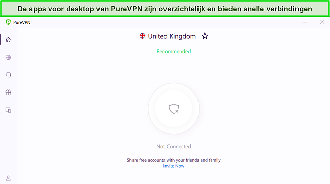 Screenshot van PureVPN's Windows-app die de schone en eenvoudige interface laat zien.