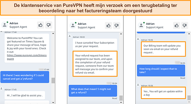 Screenshot van de klantenservice van PureVPN die reageert op een restitutieverzoek en het verzoek doorstuurt naar het factureringsteam.