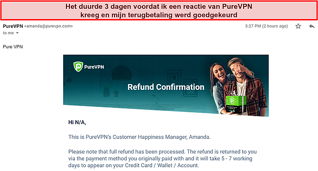 Screenshot van een e-mailreactie van het factureringsteam van PureVPN waarin een restitutieverzoek wordt bevestigd.