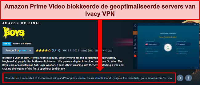 Screenshot van Amazon Prime Video die laat zien dat Amazon een VPN-verbinding kan detecteren bij gebruik van Ivacy VPN.