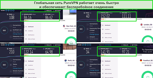 Скриншот результатов теста скорости Ookla с PureVPN, подключенным к серверам в США, Великобритании, Австралии и Германии.