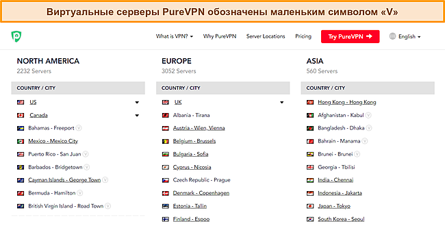 Снимок экрана с полным списком серверов PureVPN, показывающим символ «v», указывающий на виртуальный сервер.