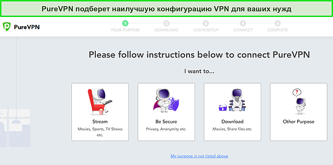 Снимок экрана с вариантами выборочной установки PureVPN для различных вариантов использования VPN.