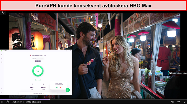 Skärmdump av PureVPN som avblockerar HBO Max.