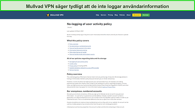 Skärmdump som visar Mullvad VPN-policy utan loggar.