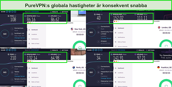 Skärmdump av Ookla hastighetstestresultat med PureVPN ansluten till servrar i USA, Storbritannien, Australien och Tyskland.