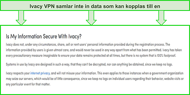 Skärmdump av utdraget av Ivacy VPN no-log policy.