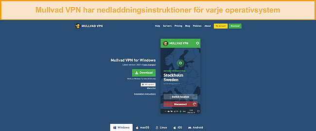 Skärmdump av en nedladdningssida för Mullvad VPN.