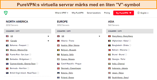 Skärmdump av PureVPNs fullständiga serverlista som visar 