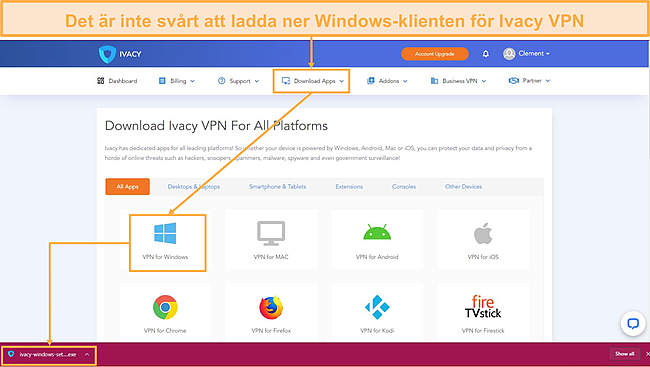 Skärmdump av att visa nedladdningsknappen på Ivacy VPN-webbplatsen.